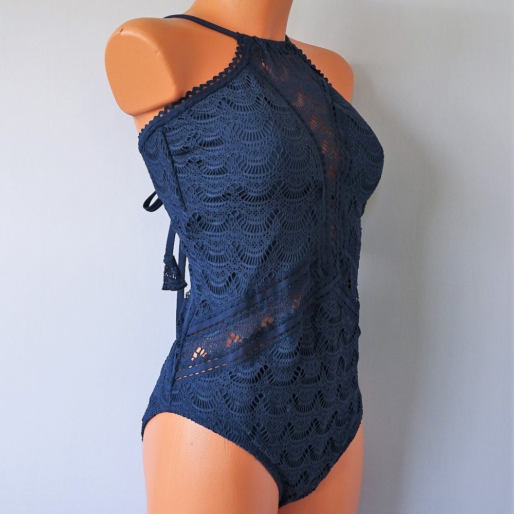 Becca One Piece High Neck Crochet Swimsuit NWT - Picture 2 of 4